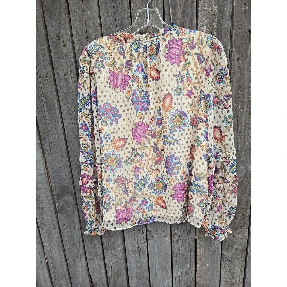 Loft  Top Sparkle Shimmer Vine Lined Puff Sleeve Ruffle Boho Floral Gold Sz M